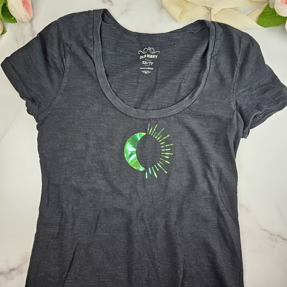 Women's size XS, cap sleeve,  scoop neck tee shirt with with crescent moon sun